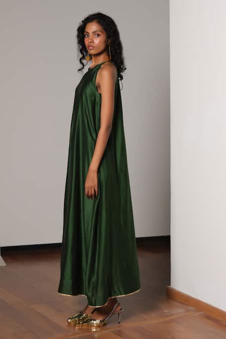 Kharakapas_Green Chanderi Gota Patti Halter Neck Vriksh Silk Gown _Online_at_Aza_Fashions