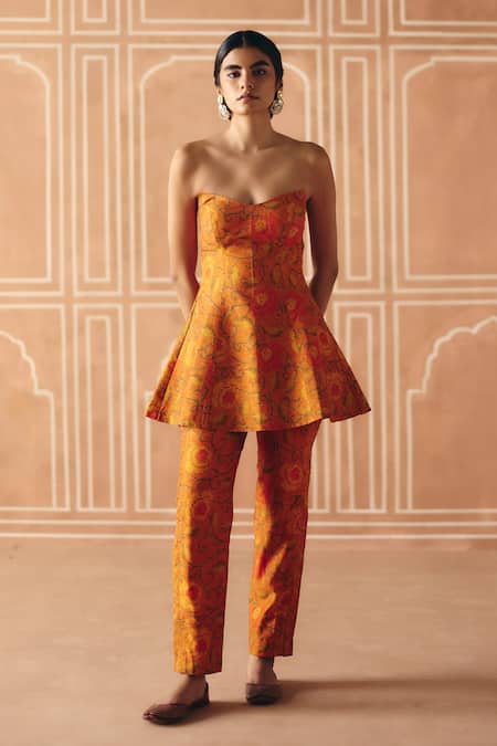 Drishti & Zahabia Orange Dupion, Silk Embroidery, Sequins, Mirrors, Cross Stitch Print Pant Set 