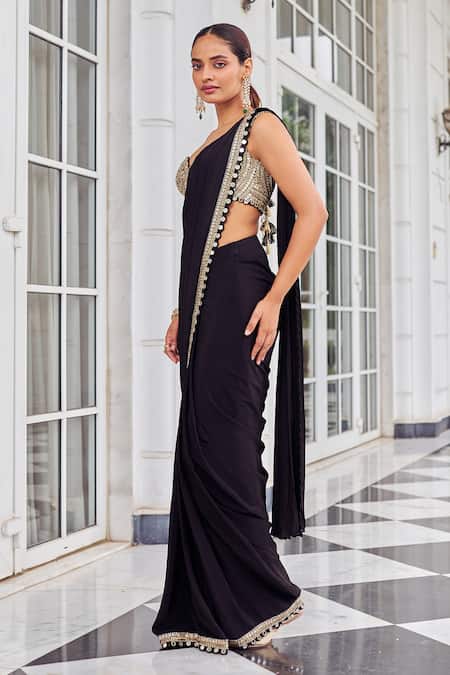 Shop_Nidhika Shekhar_Black Crepe Mirrors, Sequins, Zari Ullasat Work Pre-draped Saree And Blouse Set _Online_at_Aza_Fashions