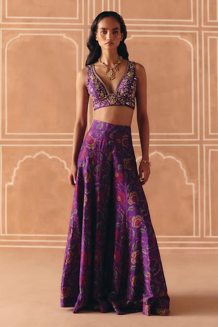 Drishti & Zahabia Purple Dupion, Silk Embroidery, Zari, Sequins, Cross Stitch Print Pant Set 