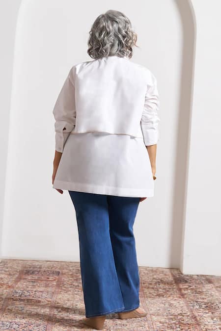 Shop_Vaaya_White Cotton Embroidery Collared, V-neck Pure Giza Shirt _at_Aza_Fashions