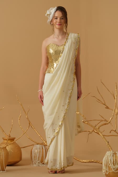 Abstract By Megha Jain Madaan Ivory Silk, Crepe, Jersey Sequins Embellished Border Pre-draped Saree 