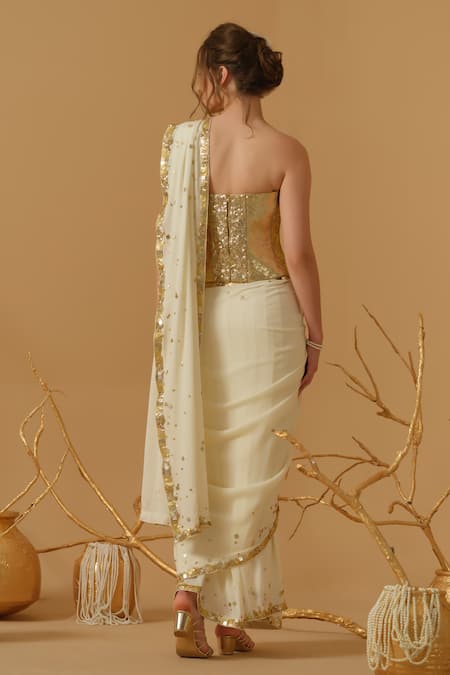 Shop_Abstract By Megha Jain Madaan_Ivory Silk, Crepe, Jersey Sequins Embellished Border Pre-draped Saree _Online_at_Aza_Fashions