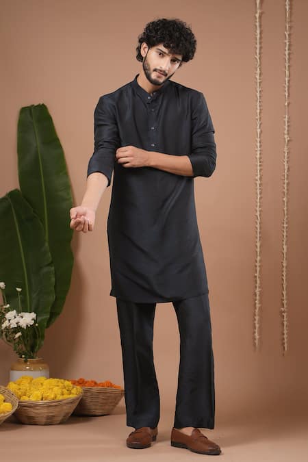 Shop_Ahi Clothing X AZA_Blue Crepe, Silk Navy Printed Nehru Jacket And Kurta Set _Online_at_Aza_Fashions