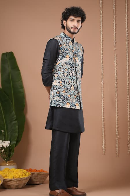 Ahi Clothing X AZA_Blue Crepe, Silk Navy Printed Nehru Jacket And Kurta Set _at_Aza_Fashions