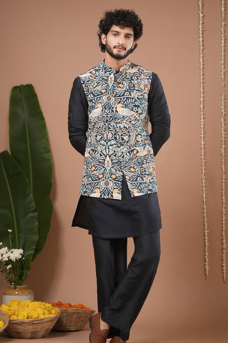 Buy_Ahi Clothing X AZA_Blue Crepe, Silk Navy Printed Nehru Jacket And Kurta Set 