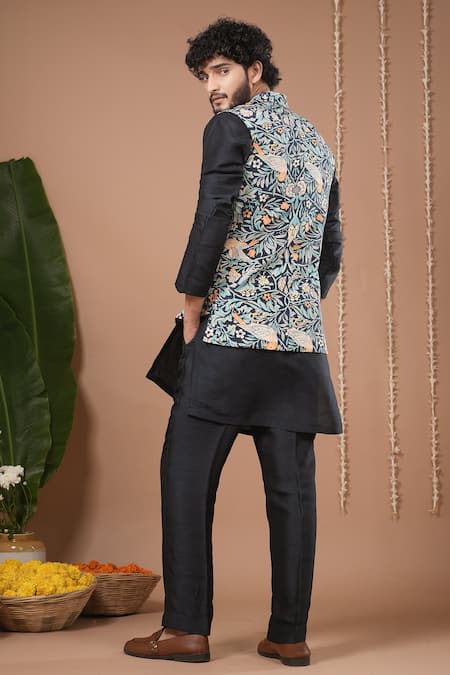 Ahi Clothing X AZA Navy Blue Printed Nehru Jacket & Kurta Set 