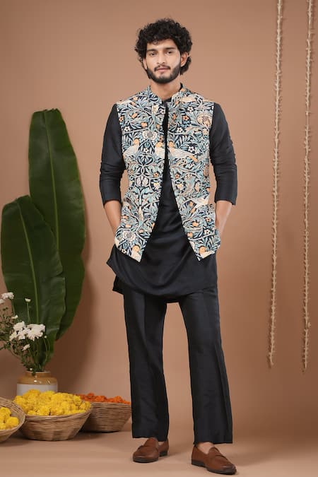 Ahi Clothing Blue Crepe, Silk Navy Printed Nehru Jacket And Kurta Set 