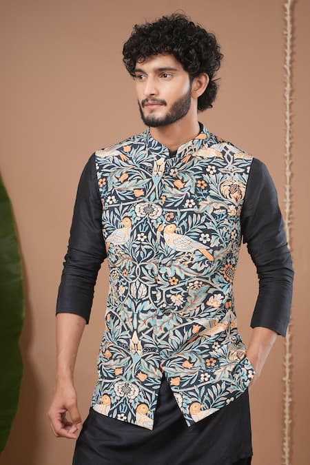 Shop_Ahi Clothing X AZA_Blue Crepe, Silk Navy Printed Nehru Jacket And Kurta Set 