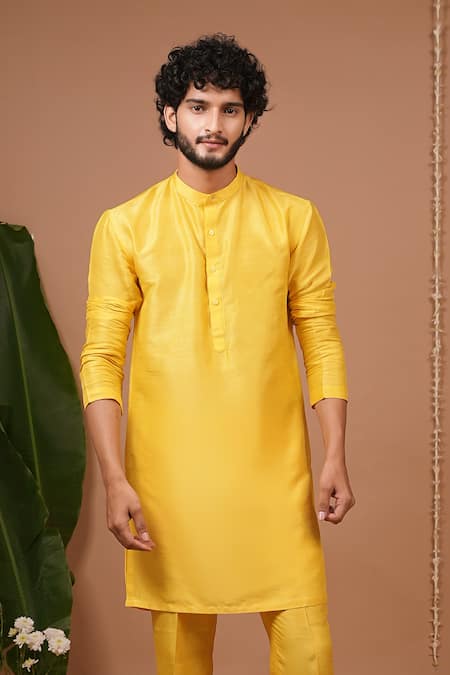 Ahi Clothing X AZA_Yellow Crepe, Silk Embroidery Printed Open Nehru Jacket And Kurta Set _Online_at_Aza_Fashions