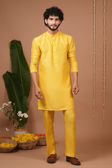Buy_Ahi Clothing X AZA_Yellow Crepe, Silk Embroidery Printed Open Nehru Jacket And Kurta Set _Online_at_Aza_Fashions