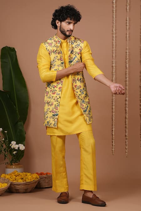 Shop_Ahi Clothing X AZA_Yellow Crepe, Silk Embroidery Printed Open Nehru Jacket And Kurta Set _Online_at_Aza_Fashions