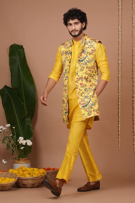 Ahi Clothing X AZA_Yellow Crepe, Silk Embroidery Printed Open Nehru Jacket And Kurta Set _at_Aza_Fashions