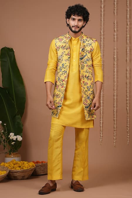 Buy_Ahi Clothing X AZA_Yellow Crepe, Silk Embroidery Printed Open Nehru Jacket And Kurta Set 
