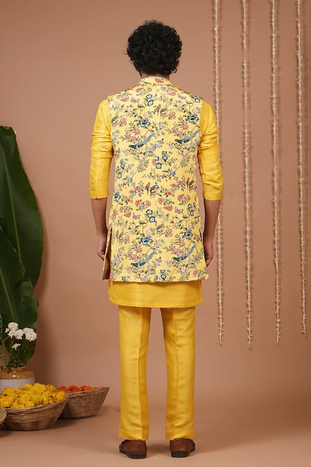 Ahi Clothing X AZA Yellow Printed Open Nehru Jacket & Kurta Set 