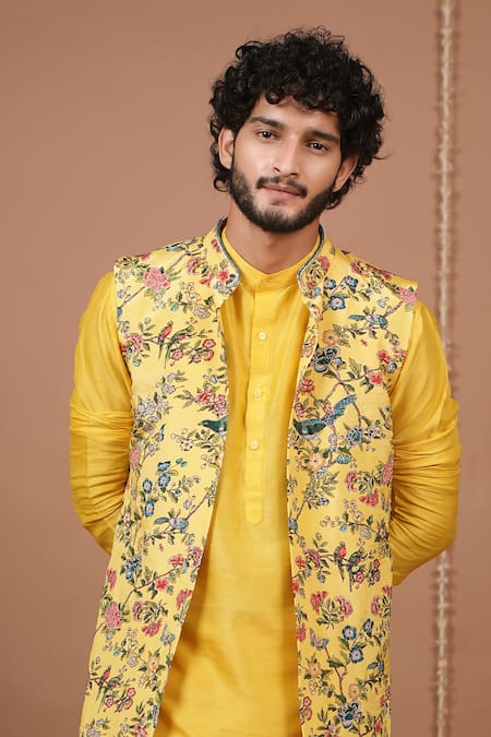 Shop_Ahi Clothing X AZA_Yellow Crepe, Silk Embroidery Printed Open Nehru Jacket And Kurta Set 