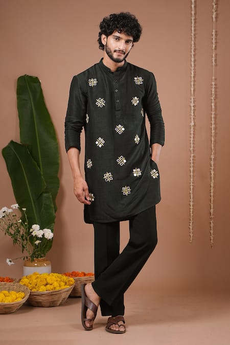 Ahi Clothing X AZA_Olive Green Organza, Silk Embroidery, Mirrors Sheer Nehru Jacket And Kurta Set _Online_at_Aza_Fashions
