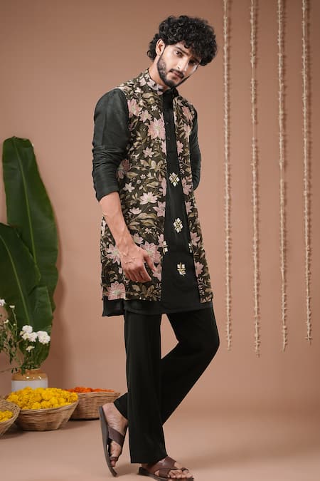 Buy_Ahi Clothing X AZA_Olive Green Organza, Silk Embroidery, Mirrors Sheer Nehru Jacket And Kurta Set _Online_at_Aza_Fashions