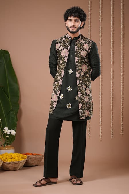 Shop_Ahi Clothing X AZA_Olive Green Organza, Silk Embroidery, Mirrors Sheer Nehru Jacket And Kurta Set _Online_at_Aza_Fashions