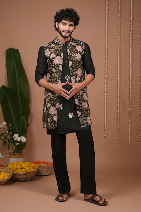 Ahi Clothing Olive Green Organza, Silk Embroidery, Mirrors Sheer Nehru Jacket And Kurta Set 