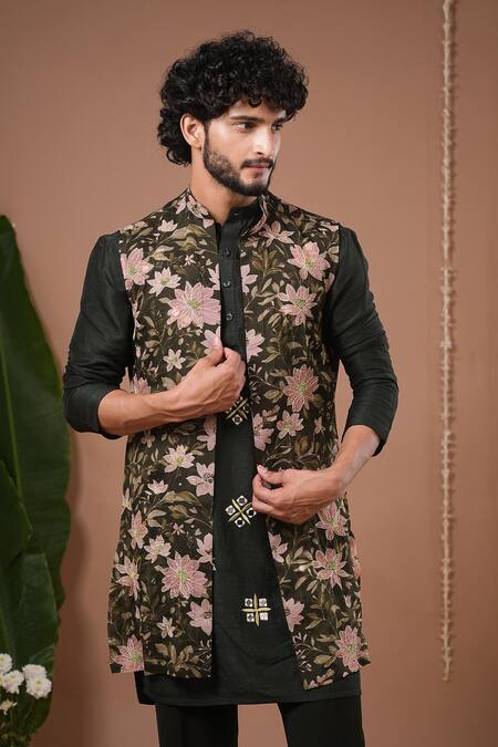 Ahi Clothing X AZA_Olive Green Organza, Silk Embroidery, Mirrors Sheer Nehru Jacket And Kurta Set _at_Aza_Fashions