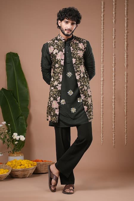 Buy_Ahi Clothing X AZA_Olive Green Organza, Silk Embroidery, Mirrors Sheer Nehru Jacket And Kurta Set 