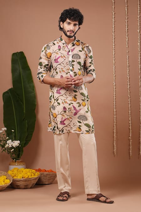 Shop_Ahi Clothing X AZA_Cream Organza Embroidery Lemon Printed Kurta And Pant Set _Online_at_Aza_Fashions