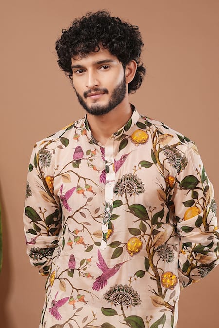 Ahi Clothing X AZA_Cream Organza Embroidery Lemon Printed Kurta And Pant Set _at_Aza_Fashions