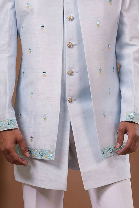 Ahi Clothing X AZA_Sky Blue Silk Mirrors, Embroidery Open Jacket And Jodhpuri Set _Online_at_Aza_Fashions