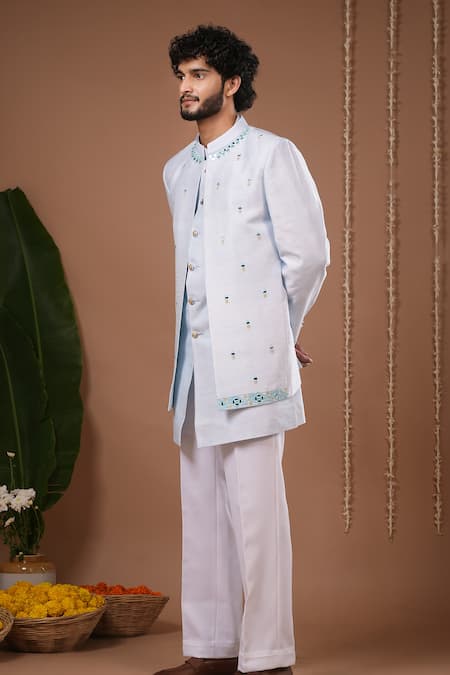 Buy_Ahi Clothing X AZA_Sky Blue Silk Mirrors, Embroidery Open Jacket And Jodhpuri Set _Online_at_Aza_Fashions