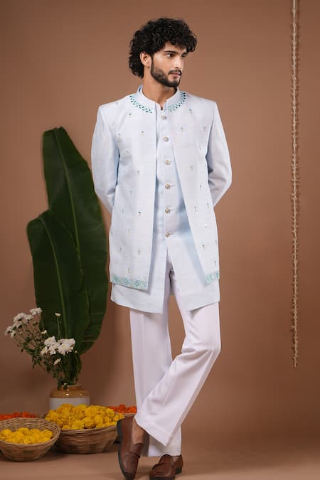 Shop_Ahi Clothing X AZA_Sky Blue Silk Mirrors, Embroidery Open Jacket And Jodhpuri Set _Online_at_Aza_Fashions