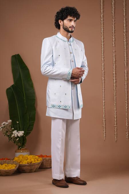 Ahi Clothing X AZA_Sky Blue Silk Mirrors, Embroidery Open Jacket And Jodhpuri Set _at_Aza_Fashions