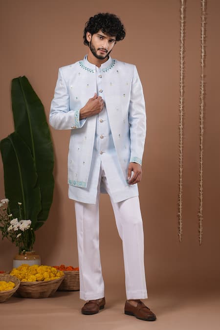 Ahi Clothing X AZA Sky Blue Silk Mirrors, Embroidery Open Jacket And Jodhpuri Set 