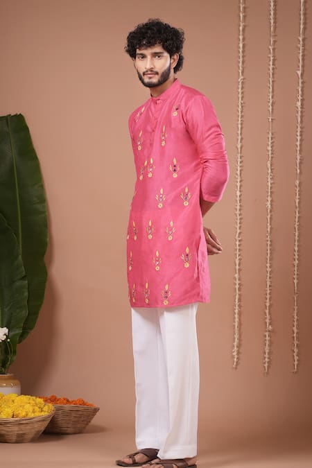Ahi Clothing X AZA_Pink Silk Embroidery, Mirrors Rani Kurta And Pant Set _Online_at_Aza_Fashions
