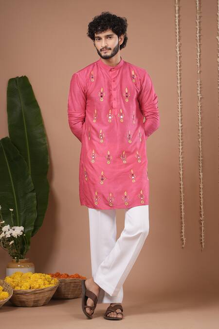 Buy_Ahi Clothing X AZA_Pink Silk Embroidery, Mirrors Rani Kurta And Pant Set _Online_at_Aza_Fashions