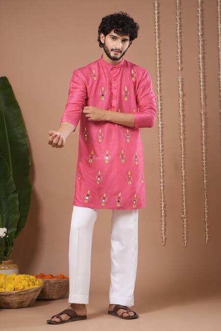 Shop_Ahi Clothing X AZA_Pink Silk Embroidery, Mirrors Rani Kurta And Pant Set _Online_at_Aza_Fashions