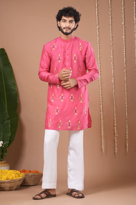 Ahi Clothing X AZA_Pink Silk Embroidery, Mirrors Rani Kurta And Pant Set _at_Aza_Fashions
