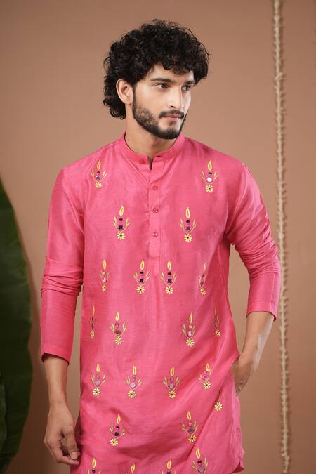 Buy_Ahi Clothing X AZA_Pink Silk Embroidery, Mirrors Rani Kurta And Pant Set 