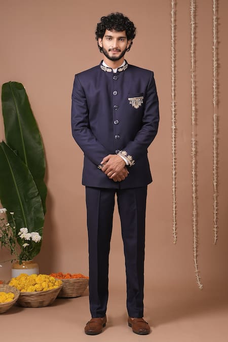 Shop_Ahi Clothing X AZA_Navy Embroidery, Metallic Thread, Studs Blue Jodhpuri And Pant Set _Online_at_Aza_Fashions