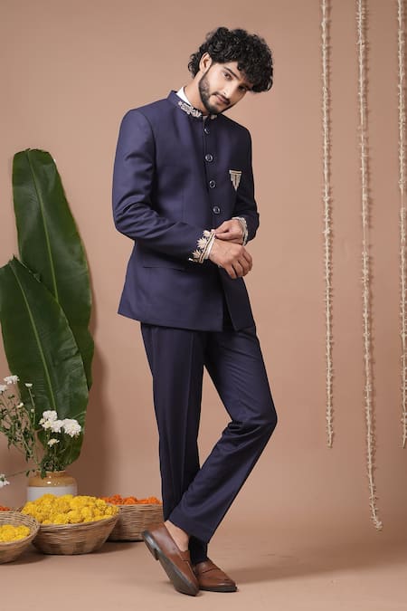 Ahi Clothing X AZA_Navy Embroidery, Metallic Thread, Studs Blue Jodhpuri And Pant Set _at_Aza_Fashions