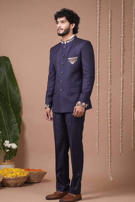 Buy_Ahi Clothing X AZA_Navy Embroidery, Metallic Thread, Studs Blue Jodhpuri And Pant Set 