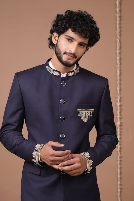 Shop_Ahi Clothing X AZA_Navy Embroidery, Metallic Thread, Studs Blue Jodhpuri And Pant Set 