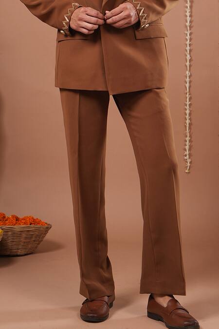 Ahi Clothing X AZA_Brown Embroidery, Beads Mustard Coat And Pant Set _Online_at_Aza_Fashions