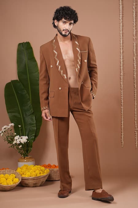 Ahi Clothing X AZA Brown Embroidery, Beads Mustard Coat And Pant Set 