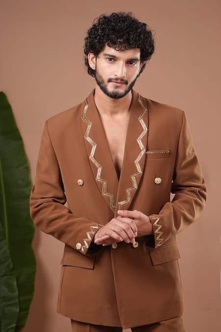 Shop_Ahi Clothing X AZA_Brown Embroidery, Beads Mustard Coat And Pant Set _Online_at_Aza_Fashions