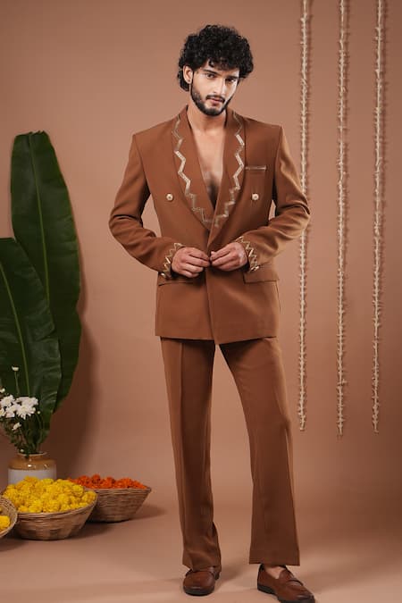 Ahi Clothing X AZA_Brown Embroidery, Beads Mustard Coat And Pant Set _at_Aza_Fashions