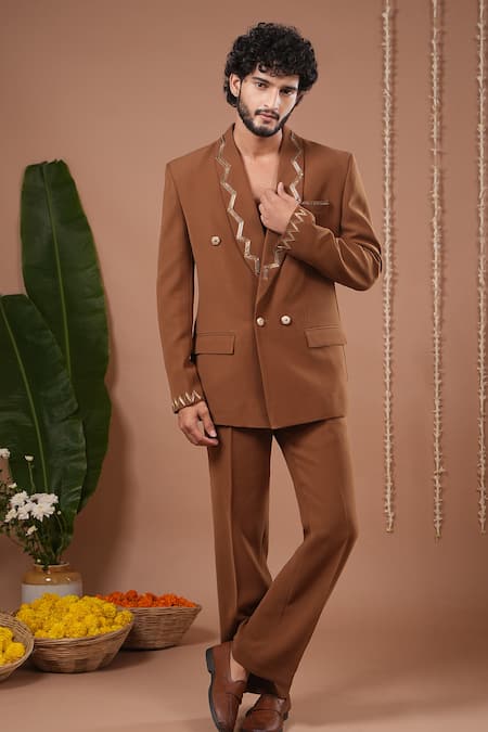 Buy_Ahi Clothing X AZA_Brown Embroidery, Beads Mustard Coat And Pant Set 