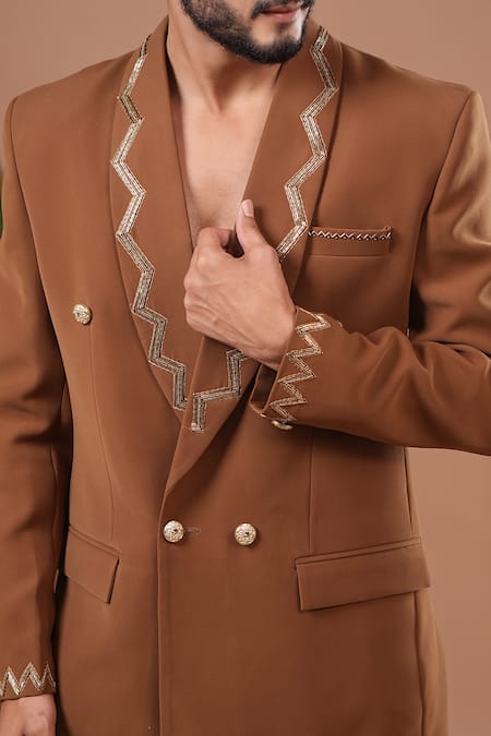 Shop_Ahi Clothing X AZA_Brown Embroidery, Beads Mustard Coat And Pant Set 