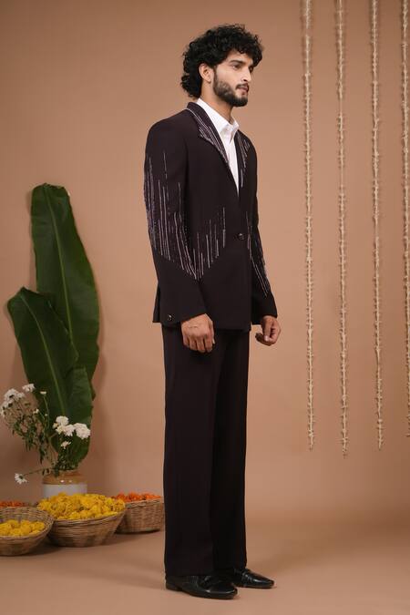 Buy_Ahi Clothing X AZA_Purple Beads Dark Coat And Pant Set _Online_at_Aza_Fashions