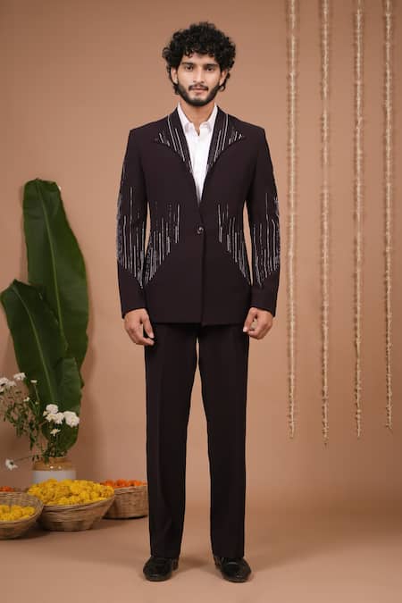 Shop_Ahi Clothing X AZA_Purple Beads Dark Coat And Pant Set _Online_at_Aza_Fashions